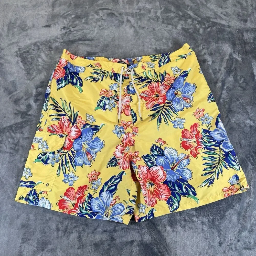 Polo Ralph Lauren Sz 4XL Tall Floral Hibiscus Yellow Hawaiian Swim Trunks Pocket